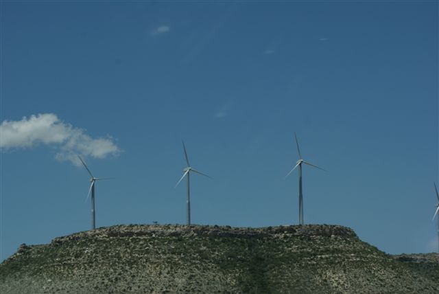 There were hundreds of wind turbines lining the mesa outside Iraan, Texas.