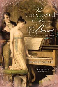 A Regency era girl stands at the piano, a boy standing behind her. The title reads The Unexpected Miss Bennet by Patrice Sarath