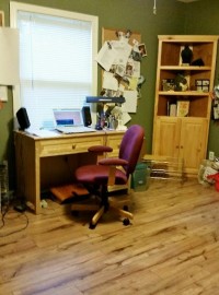 A writing desk and computer in a comfortable office space.